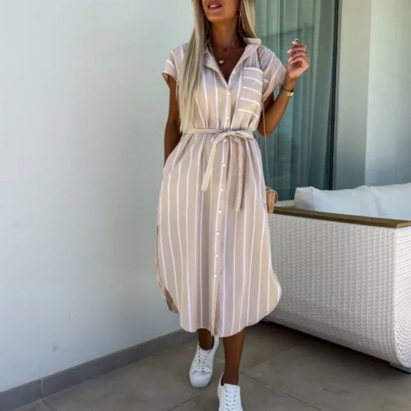 🔥Vestidos camiseros casuales con bolsillos de rayas para mujer-ES