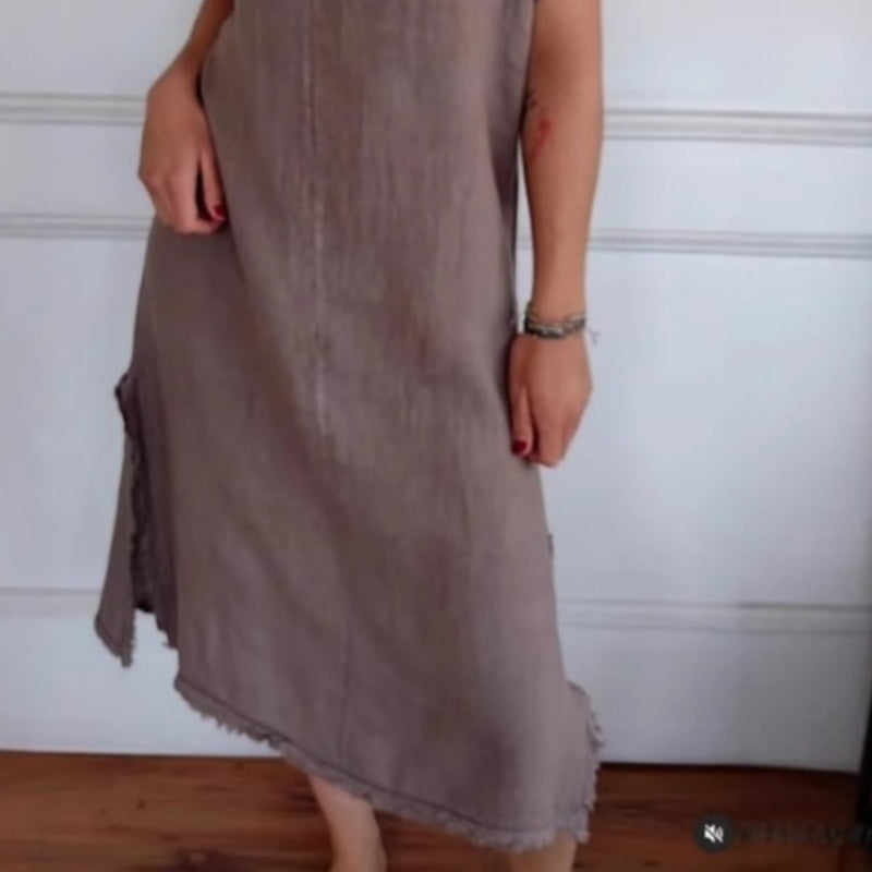 ✨Νέο ανοιξιάτικο✨ Βαμβακερό και λινό φόρεμα, casual, με λαιμόκοψη V και κρόσσια-GR