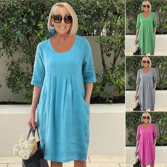 🔥Vestido midi de lino algodón lino monocromático💃-ES