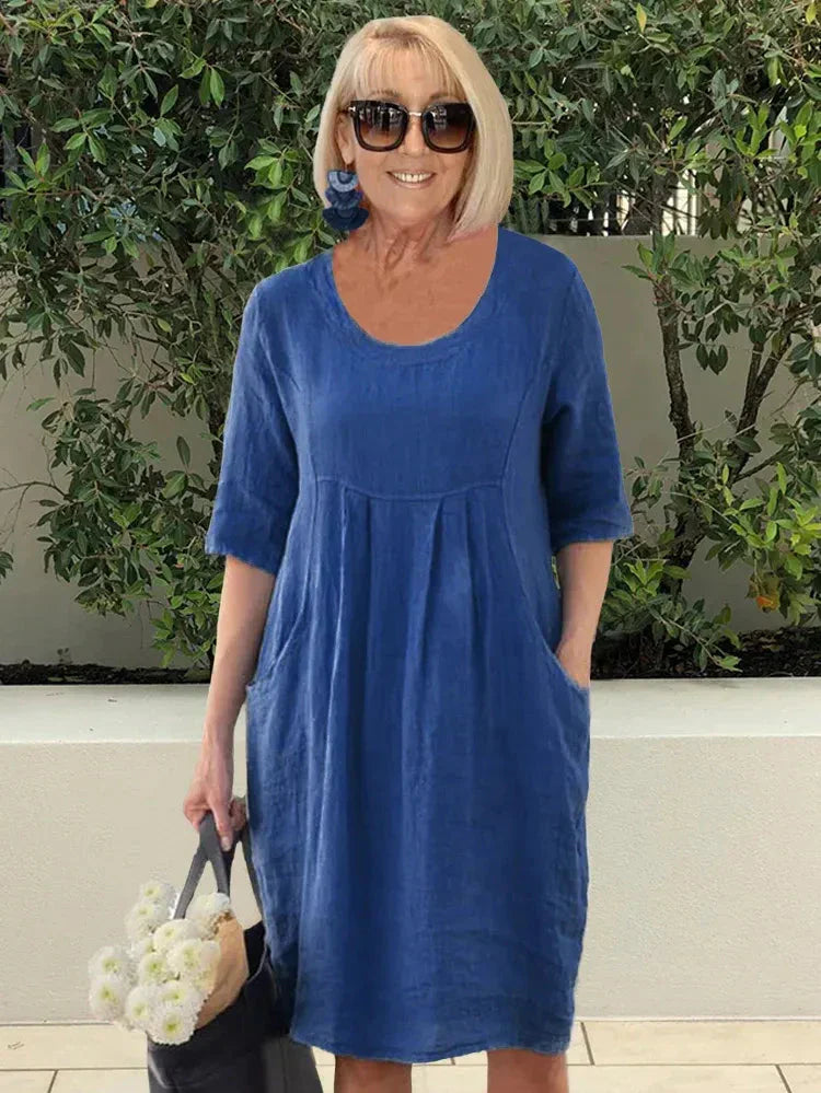 🔥Vestido midi de lino algodón lino monocromático💃-ES