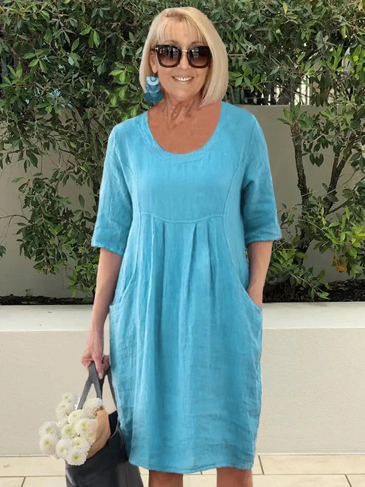 🔥Vestido midi de lino algodón lino monocromático💃-ES