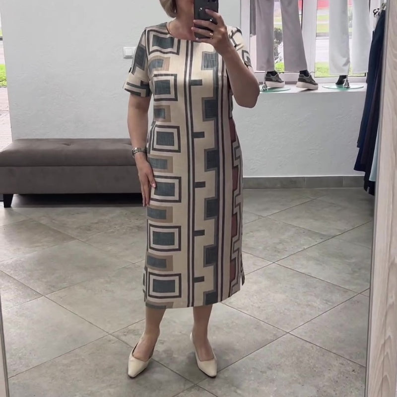 Ležerna ženska obleka s kratkimi rokavi in okroglim izrezom-SI