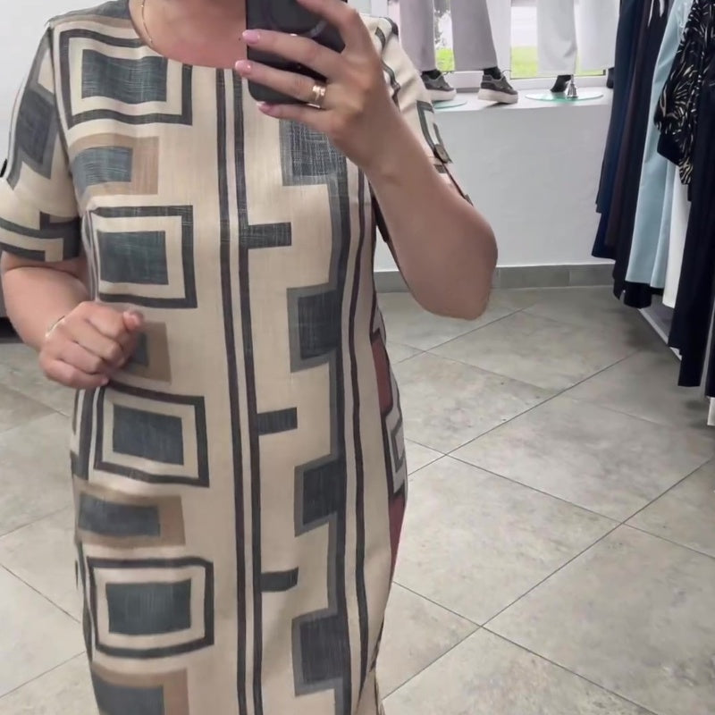 Ležerna ženska obleka s kratkimi rokavi in okroglim izrezom-SI