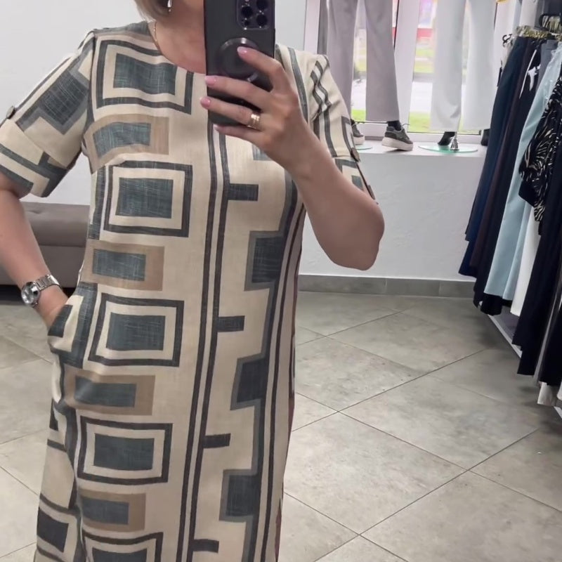 Ležerna ženska obleka s kratkimi rokavi in okroglim izrezom-SI