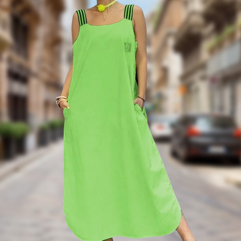 Plati maksi suknelė su dirželiais ir kišenėmis-LT