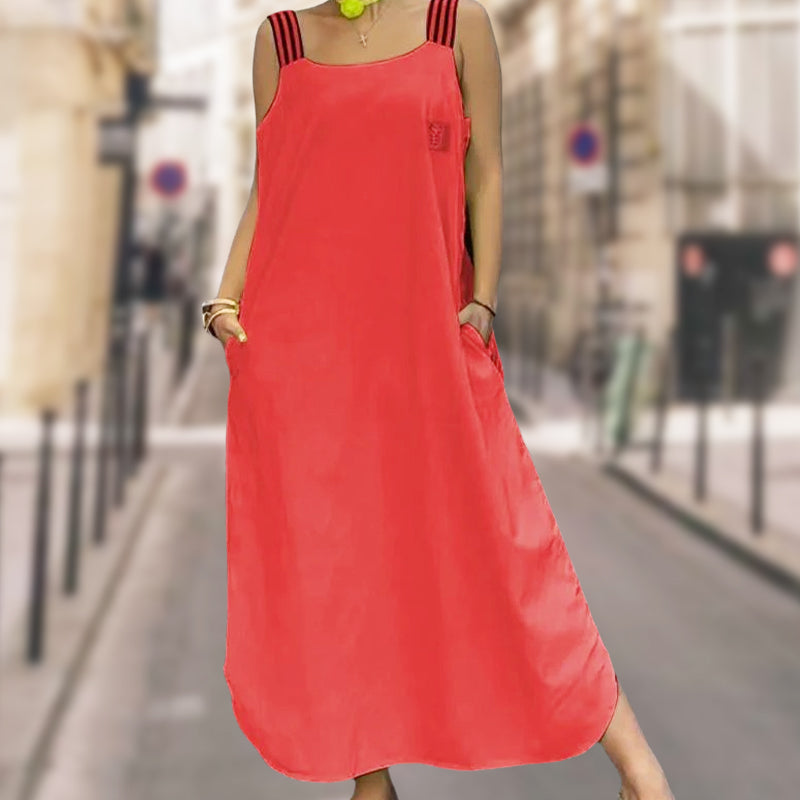 Plati maksi suknelė su dirželiais ir kišenėmis-LT