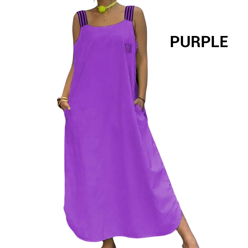 Plati maksi suknelė su dirželiais ir kišenėmis-LT