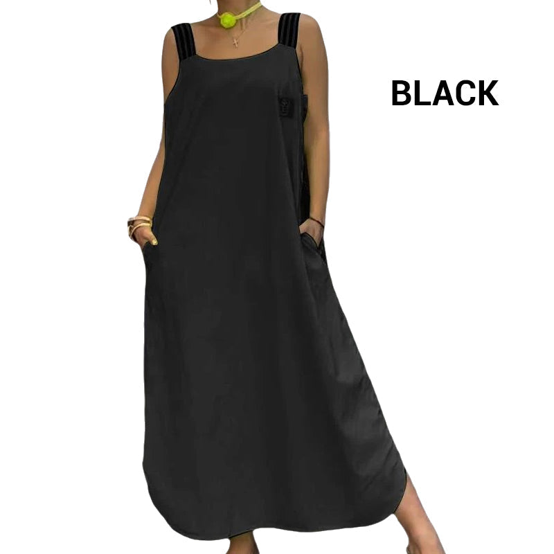 Plati maksi suknelė su dirželiais ir kišenėmis-LT