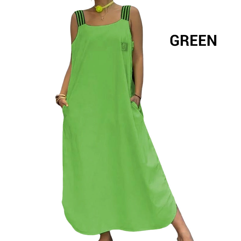 Plati maksi suknelė su dirželiais ir kišenėmis-LT