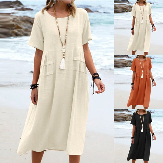 💖Vestido de lino y algodón con escote redondo-ES