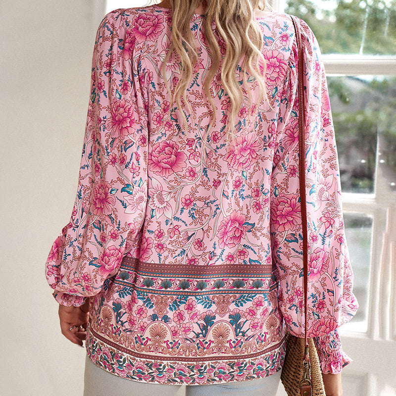 【S-2XL】🌺Moteriški madingi marškinėliai ilgomis rankovėmis spausdinti V formos iškirpte-LT