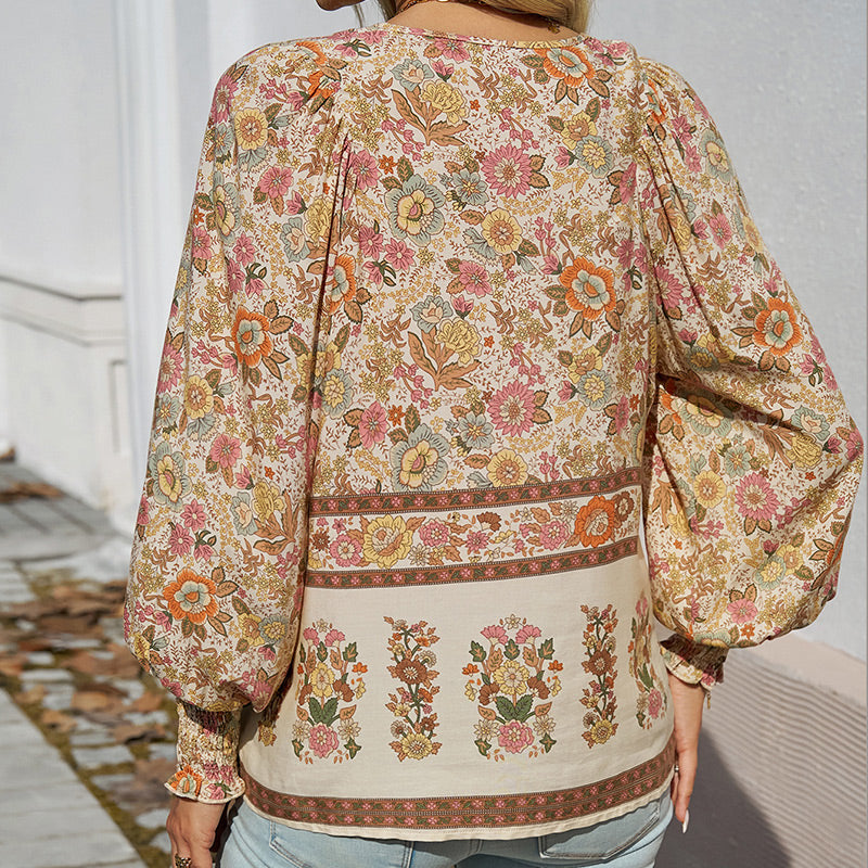 【S-2XL】🌺Moteriški madingi marškinėliai ilgomis rankovėmis spausdinti V formos iškirpte-LT