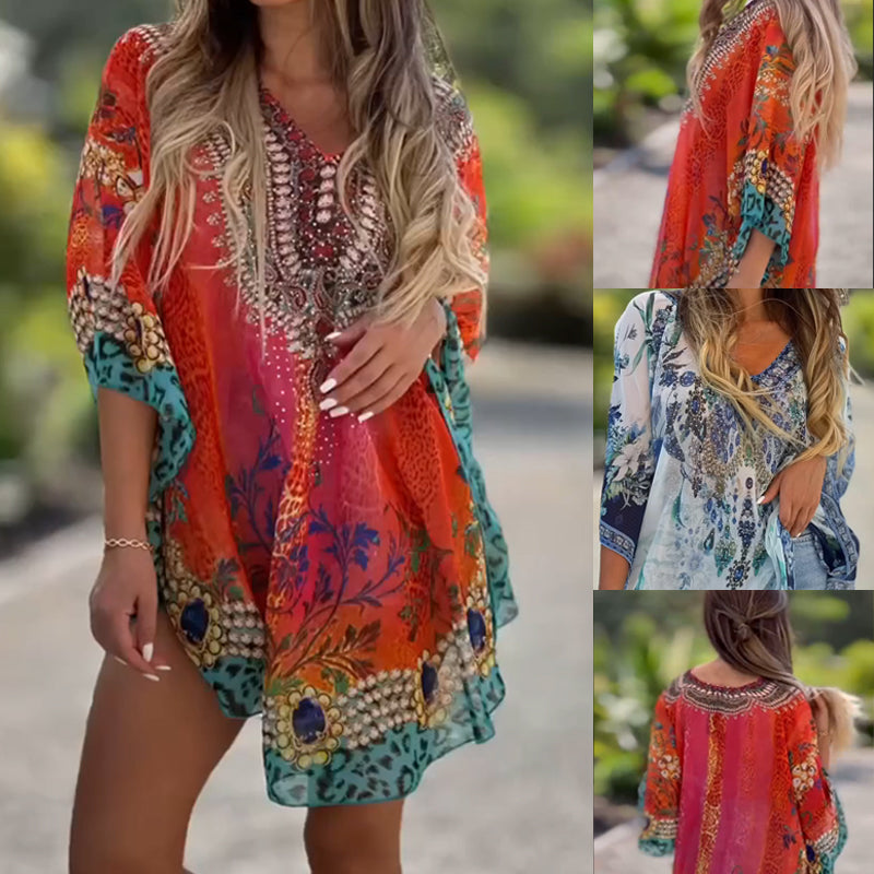 [S-5XL]🥰 Vestido checo asimétrico suelto con escote en V-ES