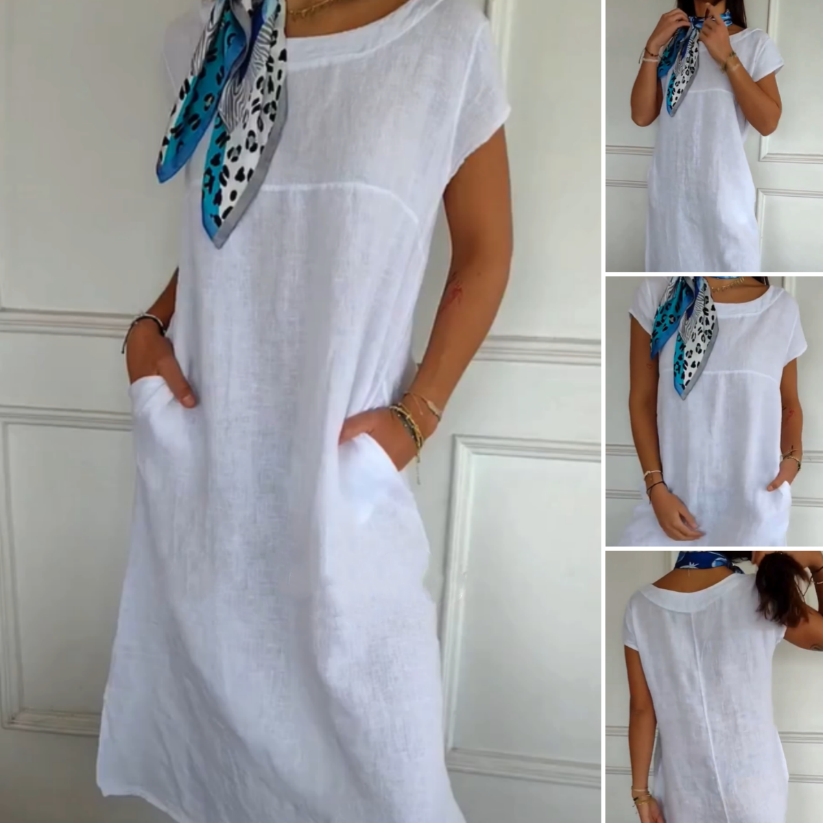 Nauja 2025 metais! 🔥Moteriška lininė suknelė apvalia iškirpte ir trumpomis rankovėmis-LT