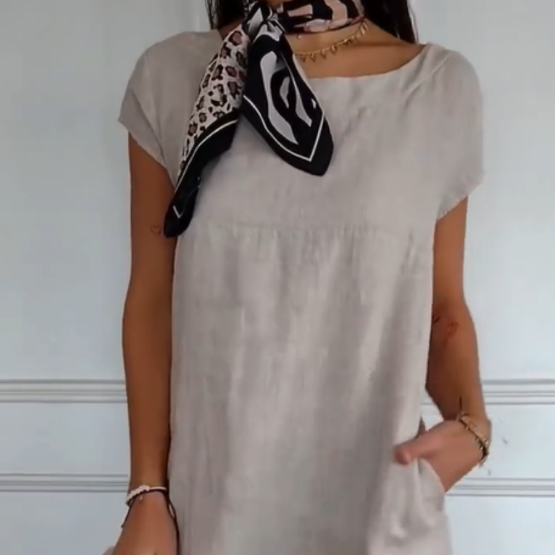 Nauja 2025 metais! 🔥Moteriška lininė suknelė apvalia iškirpte ir trumpomis rankovėmis-LT