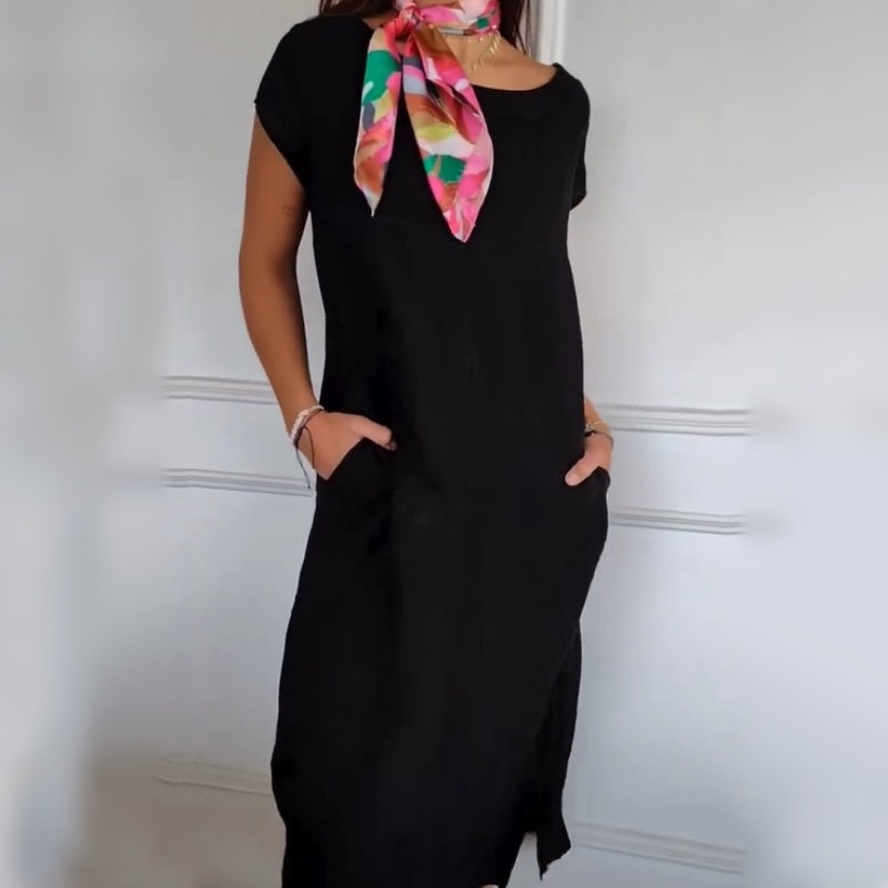 Nauja 2025 metais! 🔥Moteriška lininė suknelė apvalia iškirpte ir trumpomis rankovėmis-LT