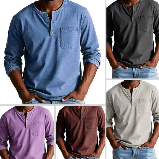 Camisa vintage de manga larga con bolsillo para hombre-ES