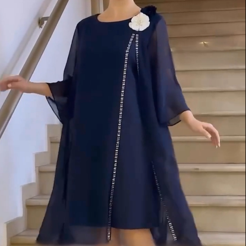 🌸✨【S-4XL】Vestido de cuello redondo de malla para mujer con acento floral-ES