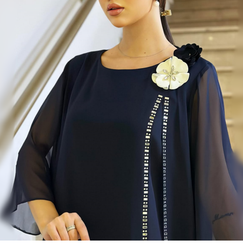 🌸✨【S-4XL】Vestido de cuello redondo de malla para mujer con acento floral-ES