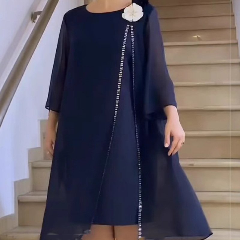 🌸✨【S-4XL】Vestido de cuello redondo de malla para mujer con acento floral-ES