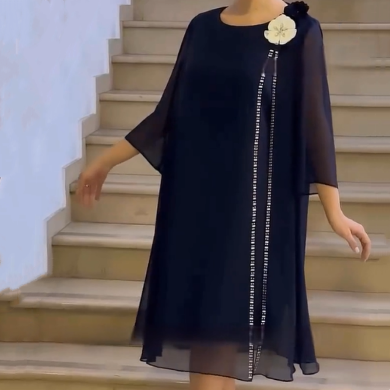 🌸✨【S-4XL】Vestido de cuello redondo de malla para mujer con acento floral-ES