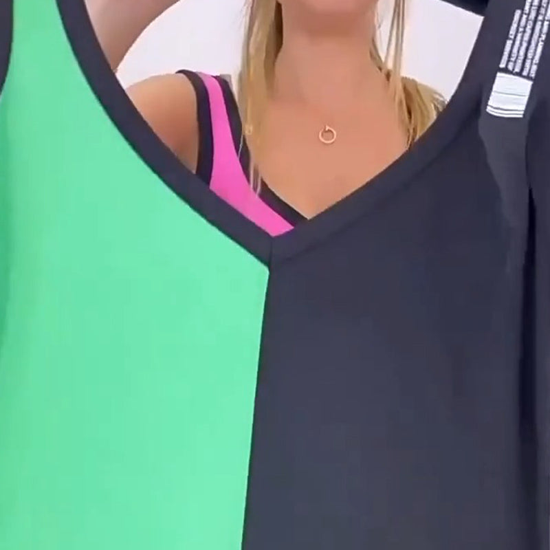 Spalvinga megzta suknelė be rankovių V formos iškirpte-LT