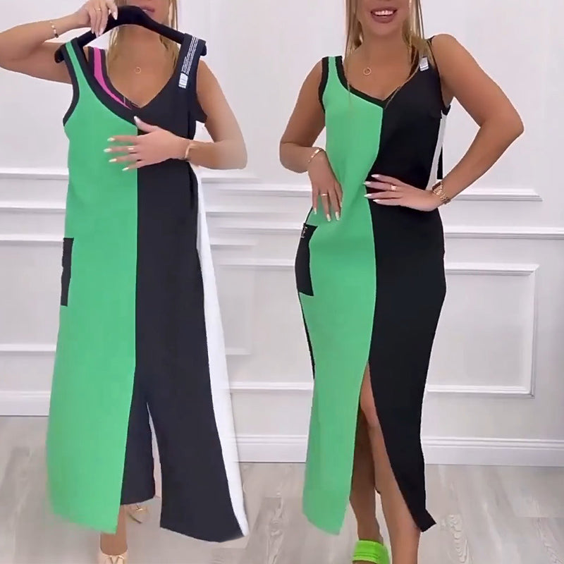 Spalvinga megzta suknelė be rankovių V formos iškirpte-LT