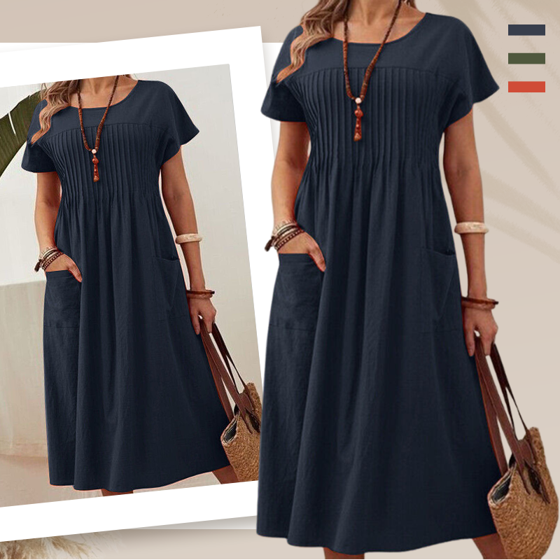 Moteriška klostuota suknelė su trumpomis rankovėmis ir kišenėmis-LT