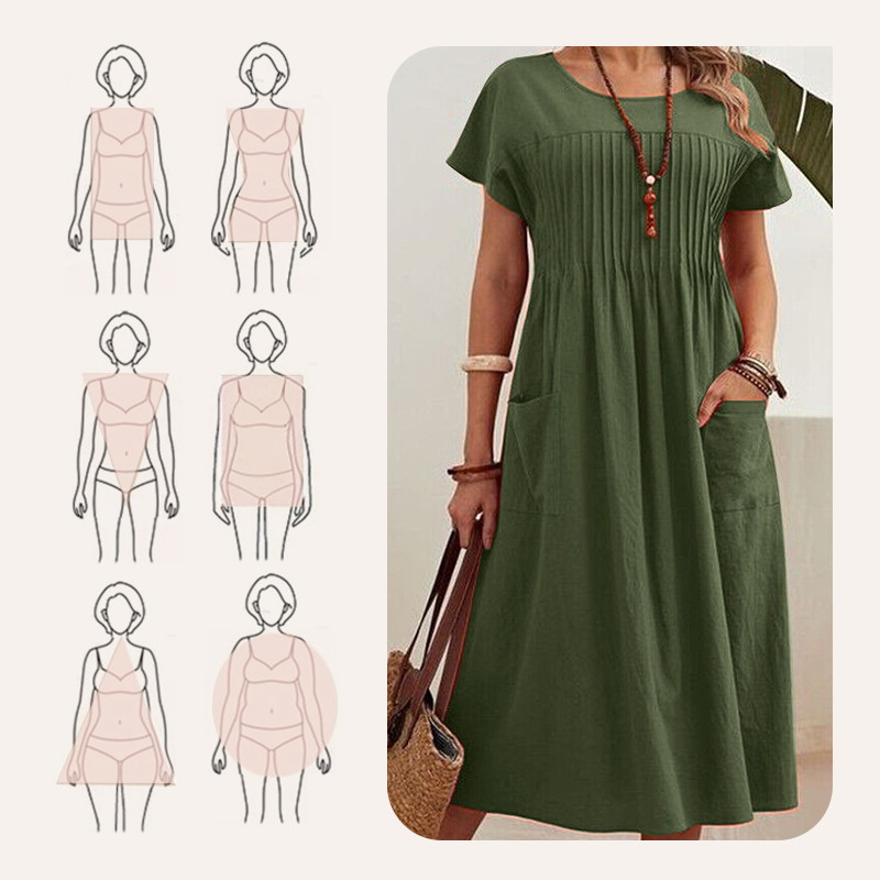 Moteriška klostuota suknelė su trumpomis rankovėmis ir kišenėmis-LT