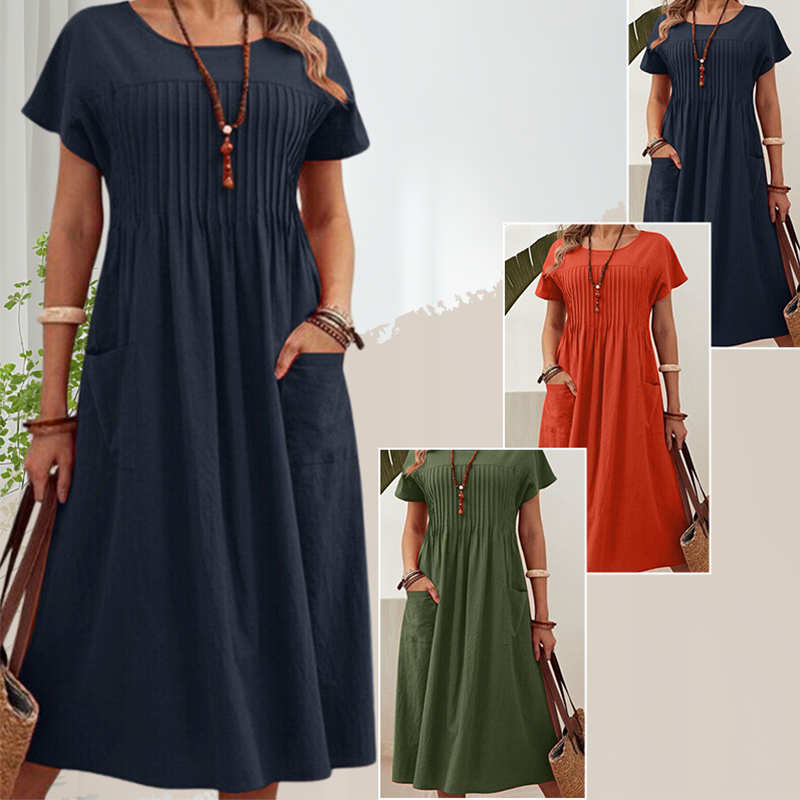 Moteriška klostuota suknelė su trumpomis rankovėmis ir kišenėmis-LT