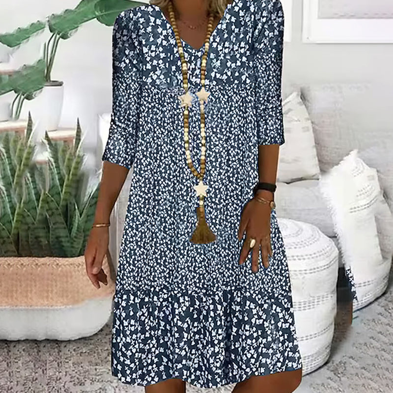 Moteriškos mados margintos moteriškos suknelės V formos iškirpte vidutinėmis rankovėmis-LT