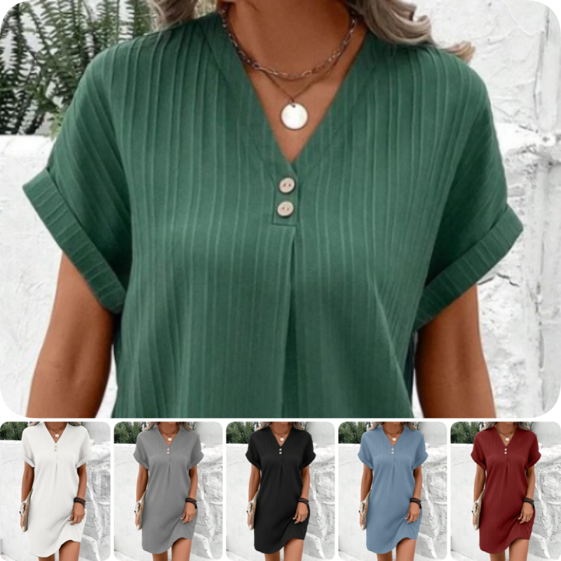 【M-3XL】🍃Μονόχρωμο φόρεμα από μείγμα βαμβακιού και λινού με κουμπιά-GR
