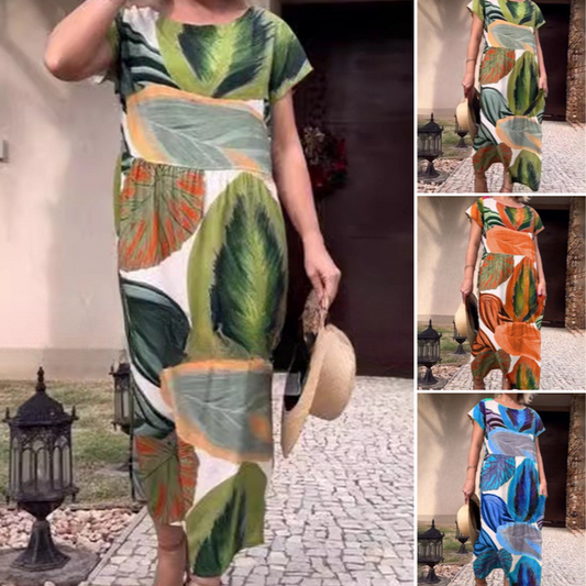 🌸 Vestidos de manga corta con abertura lateral y estampado de abertura lateral para mujer-ES