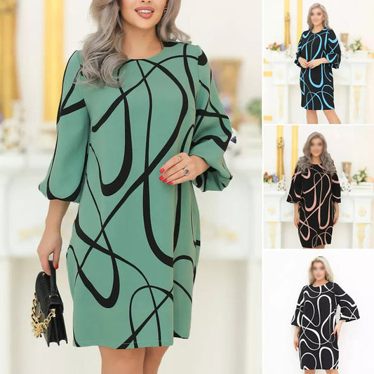 🌸Vestido estampado con cuello redondo y mangas siete cuartos-ES