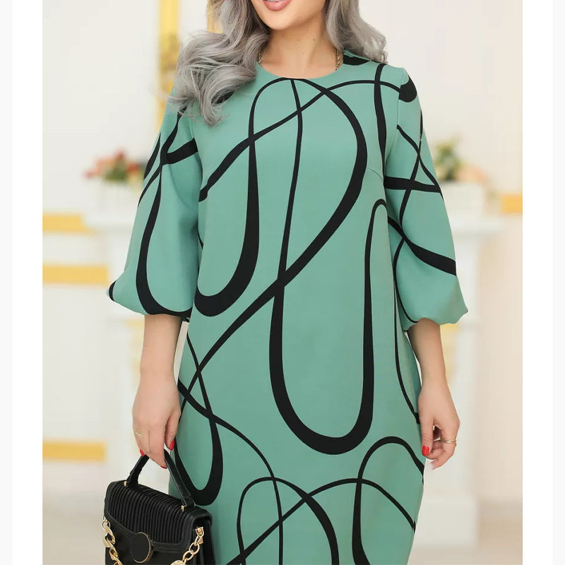 🌸Vestido estampado con cuello redondo y mangas siete cuartos-ES