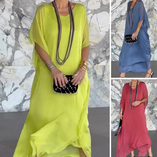 Vestido largo holgado con cuello en V y transpirable para mujer-ES