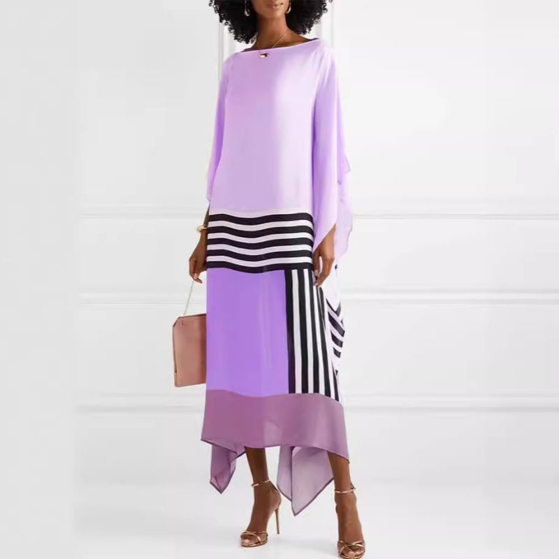 Vestido largo de rayas para mujer con dobladillo irregular y hombros descubiertos.-ES