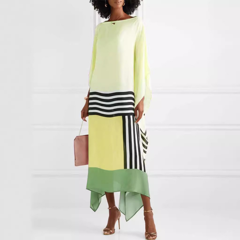 Vestido largo de rayas para mujer con dobladillo irregular y hombros descubiertos.-ES