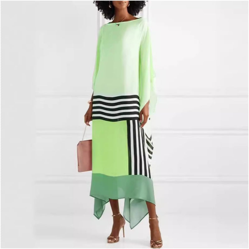 Vestido largo de rayas para mujer con dobladillo irregular y hombros descubiertos.-ES