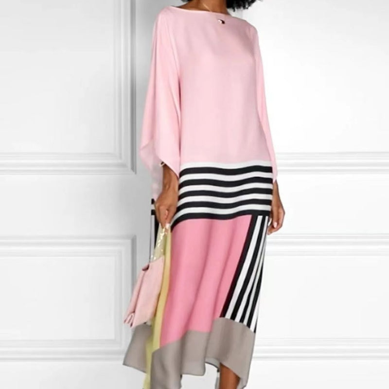 Vestido largo de rayas para mujer con dobladillo irregular y hombros descubiertos.-ES