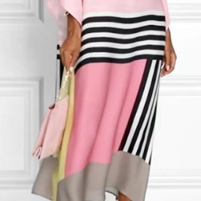 Vestido largo de rayas para mujer con dobladillo irregular y hombros descubiertos.-ES