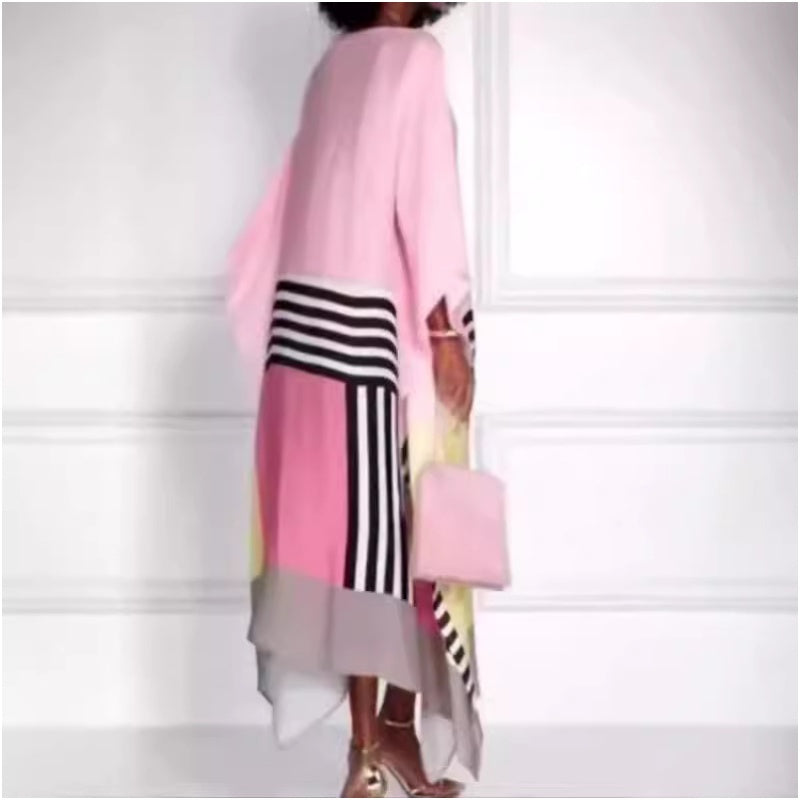 Vestido largo de rayas para mujer con dobladillo irregular y hombros descubiertos.-ES