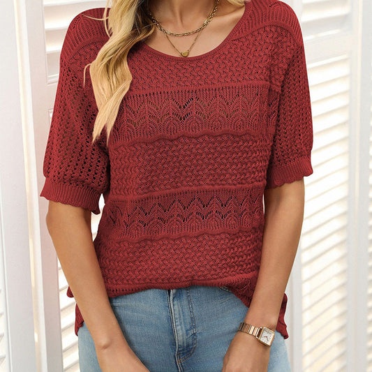 ✨Suéter de cuello redondo y manga corta para mujer tejido a crochet-ES