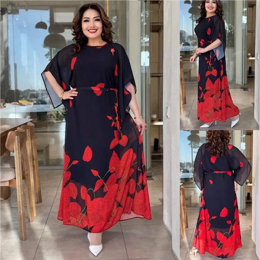 👗Vestido con cuello redondo y cinturón con vuelo 🌸 | Estampado floral | Silueta ajustable-ES