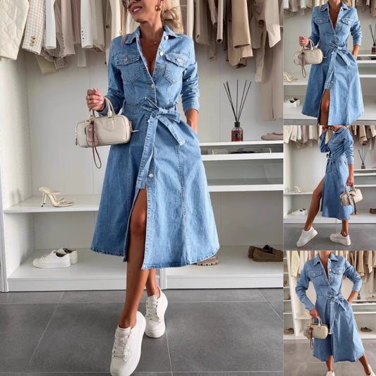 ✨Moteriška džinsinė suknelė ilgomis rankovėmis ir sagomis👗-LT