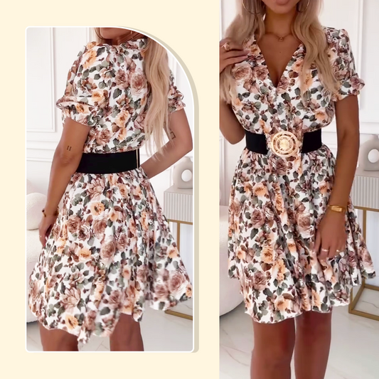 ⏳Περιορισμένη χρονική έκπτωση 50%💥✨Γυναικείο μίνι φόρεμα με V λαιμόκοψη και φλοράλ τύπωμα-GR
