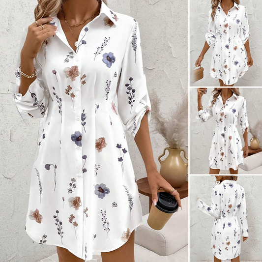 【S-XL】🌸Elegante vestido camisero de corte A con mangas largas y estampado floral-ES