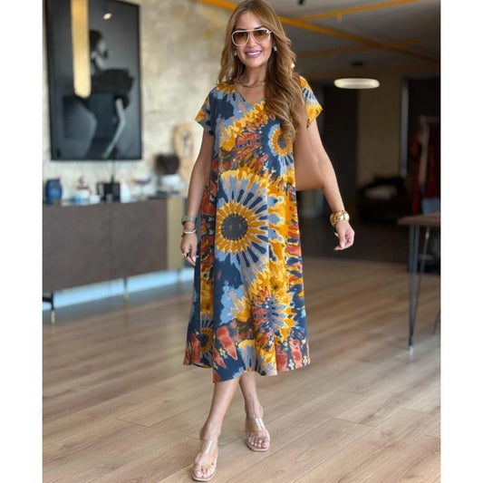 🤩Moteriškos laisvos suknelės V formos iškirpte ir raštais-LT