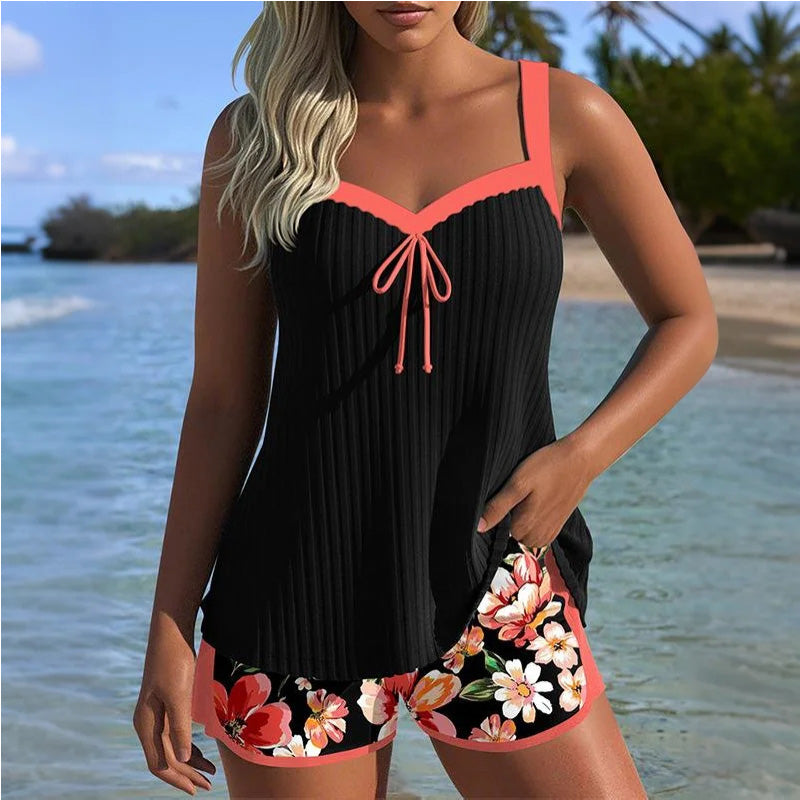 【S-3XL】👙Raštuotas maudymosi kostiumėlio viršūnėlės ir šortų komplektas-LT