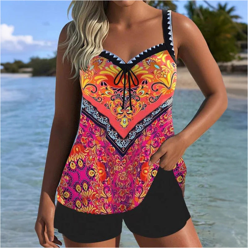 【S-3XL】👙Raštuotas maudymosi kostiumėlio viršūnėlės ir šortų komplektas-LT
